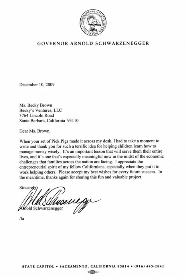 Letter from Governor Arnold Schwarzenegger to Becky Brown of Pick Pigs